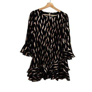 Saloni Black & Metallic Patterned Ruffle Hem Long Sleeve Back Zip Closure Women'